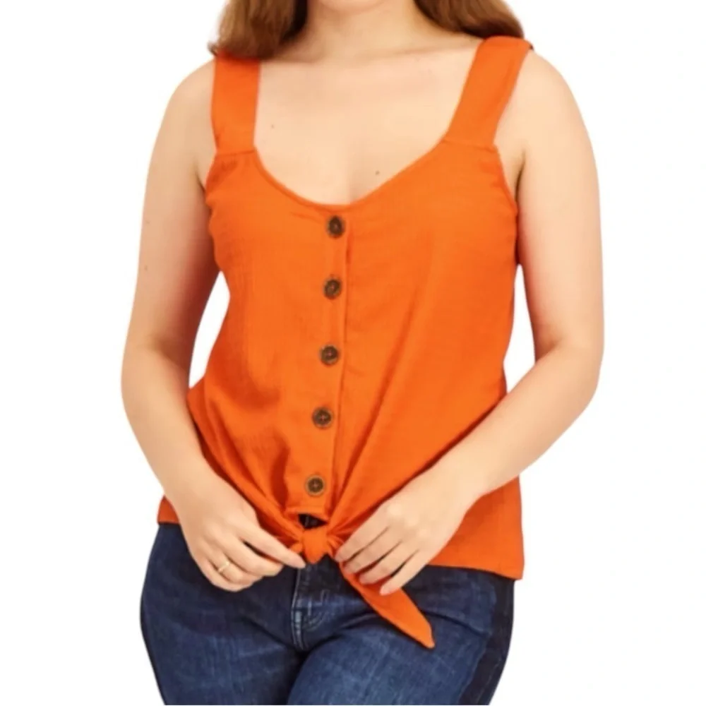 NWT SANCTUARY Orange Textured Button Front Tie Waist Tank Top Size Small - Picture 2 of 5